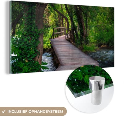 MuchoWow® Glasschilderij 40x20 cm - Schilderij acrylglas - Bos - Natuur - Brug - Foto op glas - Schilderijen