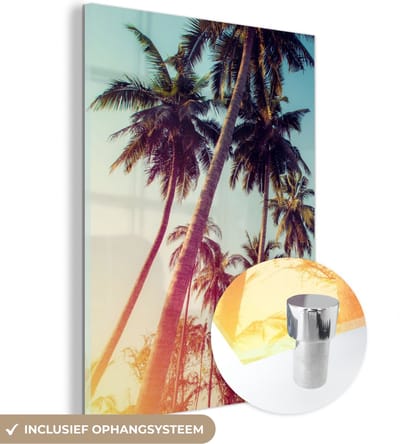 MuchoWow® Glasschilderij 30x40 cm - Schilderij acrylglas - Palmboom - Zomer - Retro - Zon - Foto op glas - Schilderijen