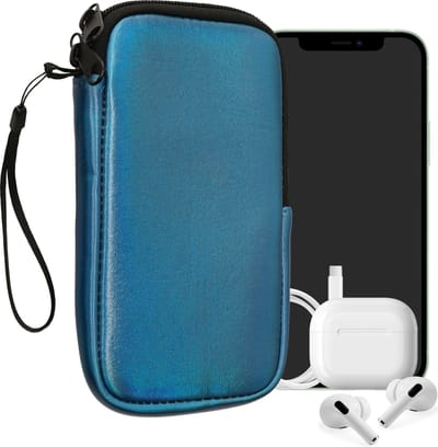 kwmobile telefoontasje universeel geschikt voor L - 6,5" smartphones - 16,5 x 8,9 cm - Hoesje met rits en polslusje -In Metallic carabisch blauw -