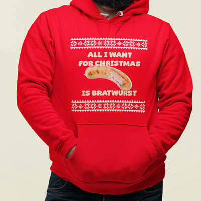 Foute Kerst Hoodie Rood All I want For Christmas Is Bratwurst XS - Uniseks Pasvorm - Kerstkleding Voor Dames & Heren