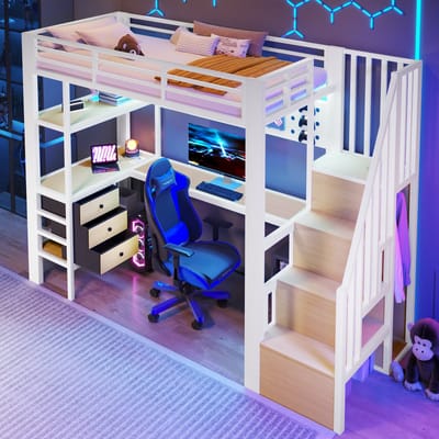 Hoogslaper 90x200cm - opslagvlak - lade - geperforeerd bord - bureau - stopcontact - LED-verlichting - zonder matras - wit