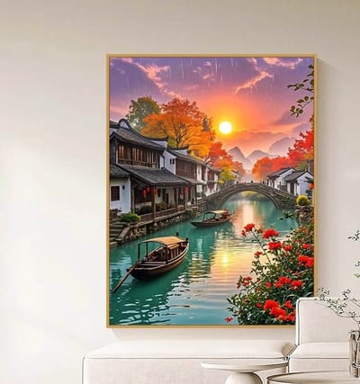 DIY kruissteekborduurpakket/Mistige regen in Jiangnan bij zonsondergang/gedrukt kruissteekpatroon borduurpakket (frame niet inbegrepen) 40*50CM