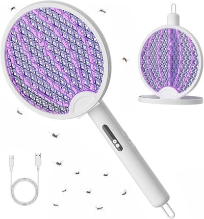Elektrische Vliegenmepper - 2-in-1 Muggenverdelger met UV Licht & USB C Oplaadstation - Opvouwbare LED Muggenmepper & Insectenlamp Buiten en Binnen - 2700V Krachtige Vliegenmepper met 1200 mAh Accu - Veilig Drievoudig Beschermnet - Wit