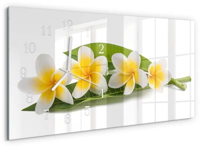 Tulup Wandklok - Bloemen Decoratieve Glazen Klok - 60x30 cm - Geel Glazen Wandklok Design - Witte Handen - Rechthoekige Wandklok - Wandklok Glas Decoratie - Gekleurde Glazen Klok