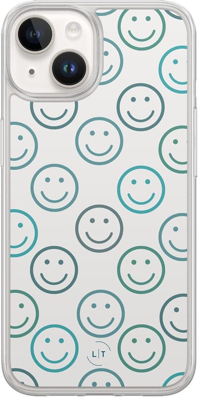 Hoesje geschikt voor iPhone 14 - Happy smileys - 2in1 backcover - Print / Illustratie - Blauw - Leuke Telefoonhoesjes