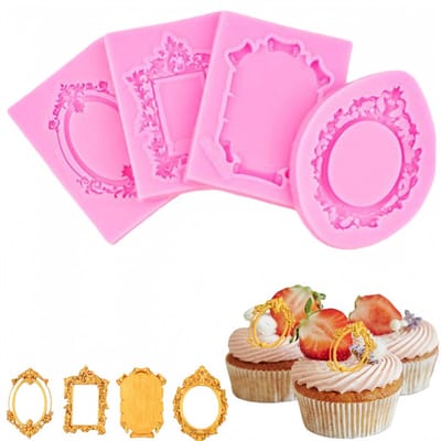 4-delige set – Mini siliconen fotolijstvorm – Reliëf spiegelvorm voor fotolijstdecoratie – Spiegel fondantvorm – Fotolijstvorm in barokstijl – Gemakkelijk te ontvormen – Roze – Geschikt voor taartdecoratie, cupcakedecoratie, chocolade, snoep en klei
