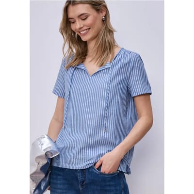 Blouse met korte mouwen, gespleten hals en strepen