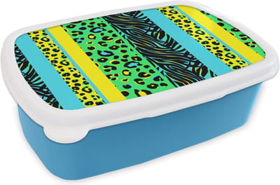 Broodtrommel Blauw - Lunchbox - Brooddoos - Design - Panterprint - Geel - Groen - 18x12x6 cm - Kinderen - Jongen