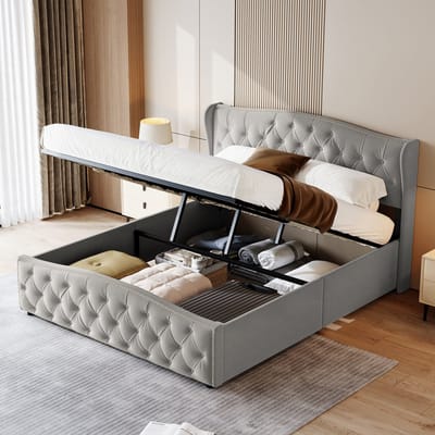 Modern tweepersoonsbed met hydraulische rails, grote opbergruimte, gestoffeerd hoofdeinde, 160x200 cm, fluweel, grijs