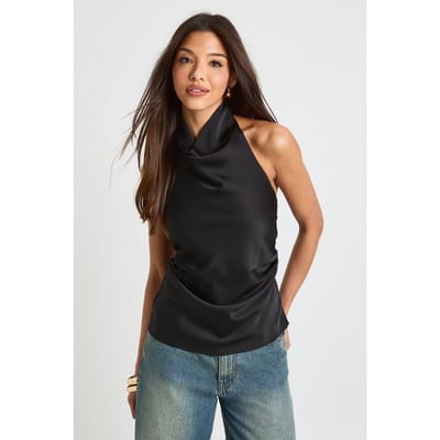boohoo Dames Satijn Cami Top met hoge cowl-hals | Zwart | Maat: 36