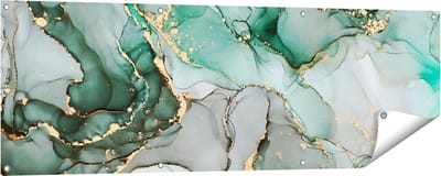 Gards Tuinposter Abstracte Kunst - Blauwe Marmer met Goud - 150x50 cm - Tuindoek - Tuindecoratie - Wanddecoratie buiten - Tuinschilderij