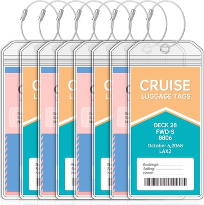 Thijox - 8 Stuks Waterdichte Kofferlabels voor Cruises, Duurzame Bagagelabelhouders met Ritssluiting en Stalen Lussen - Cruise Accessoires 18,5 x 9 cm