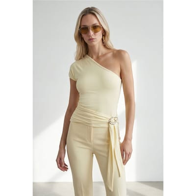 Slim Fit Off-Shoulder Jersey Blouse met Strikdetail