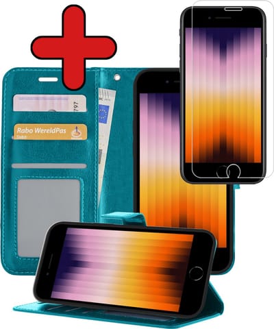 Hoesje - Met Screenprotector - Geschikt voor Apple iPhone SE (2022) - Luxe Pasjeshouder - Flipcase - Bookcase Portemonee - Flip Case - Kunstleer Book Case - Book Cover - Walletcase - Portemonneehoes - Telefoonhoes - Turquoise