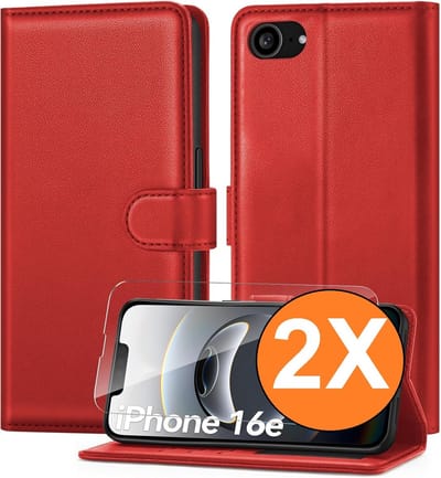 Hoesje Geschikt voor iPhone 16e / iPhone 17e hoesje bookcase Rood met screenprotectors 2 stuks