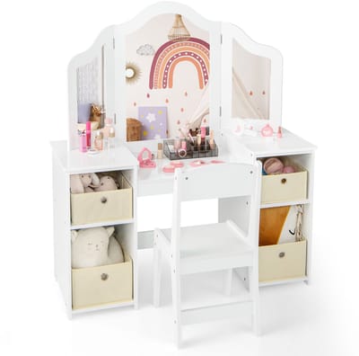 COSTWAY 2-in-1 kindermake-uptafel met afneembare spiegel, kaptafel prinses met stoel, make-uptafel met opbergdozen en open vakken, houten kaptafel voor meisjes, wit