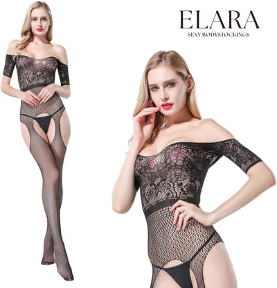 Elara - Melina - Bodystocking Erotische Lingerie met Open Kruis - Catsuit - S t/m XL - Sexy Dames Lingerie