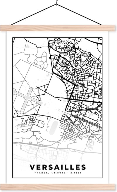 Posterhanger incl. Poster 40x60 cm - Schoolplaat - Kaart - Stadskaart - Versailles - Frankrijk - Plattegrond - Zwart wit - Textielposter - Blanke latten - Stadskaart