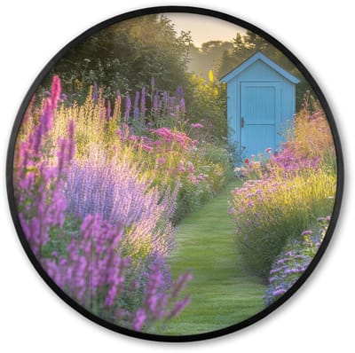 Poster in lijst Rond - Fotolijst 60x60 cm - Posters - Tuinhuisje - Blauw - Bloemen - Ronde posterlijst zwart - Decoratie - Wanddecoratie woonkamer - Muurdecoratie slaapkamer