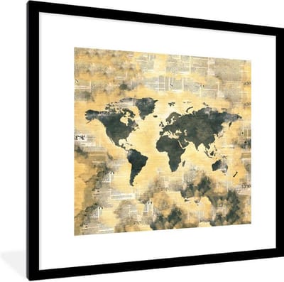 Poster in lijst - Fotolijst 40x40 cm - Posters - Wereldkaart - Vintage - Kranten - Posterlijst zwart - Decoratie - Wanddecoratie woonkamer - Muurdecoratie slaapkamer