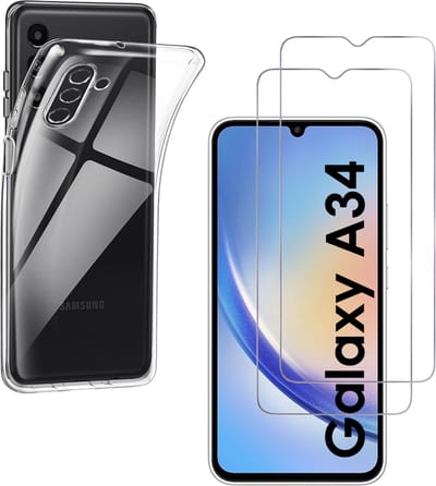 Hoesje Ultraslank geschikt voor Galaxy a34 backcover siliconen Transparant en 2 stuks ScreenProtector Gehard Glas