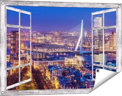 Gards Tuinposter Doorkijk Rotterdamse Skyline met de Erasmusbrug - 90x60 cm - Tuindoek - Tuindecoratie - Wanddecoratie buiten - Tuinschilderij