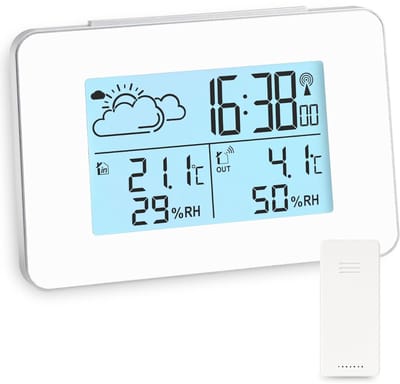 DnA® Weerstations - Weerstation Met Buitensensor - Weerstation Met Buitensensor - Weerstation Draadloos Binnen Buiten - Weerstation Binnen en Buiten - Wit - 13cm x 9cm x 4cm