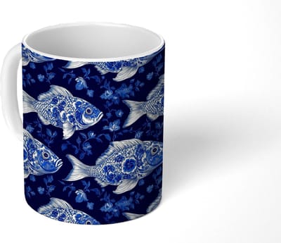 Mok - Koffiemok - Vissen - Bloemen - Blauw - Mokken - 350 ML - Beker - Koffiemokken - Theemok