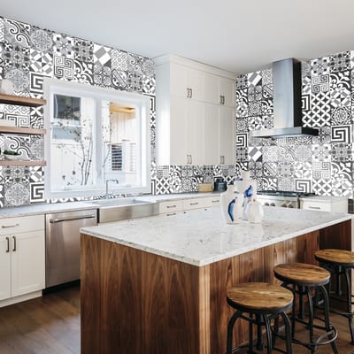 Zelfklevende tegelmuurstickers voor keuken en badkamer - 30 cementtegelstickers, Azulejos Melania - 30 stickers, 20x20cm
