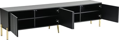 TV Meubel 190 cm Zwart, Met Gouden Poten en Verticale Groeven, 4 Deuren met 8 Verstelbare Planken, Demping Scharnieren, Robusta