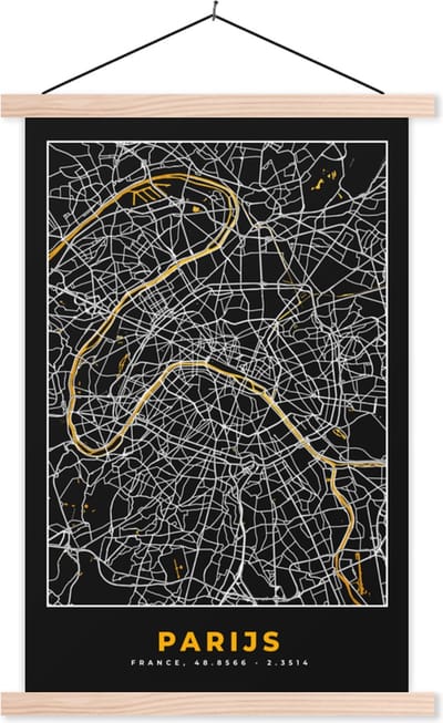 Posterhanger incl. Poster 40x60 cm - Schoolplaat - Parijs - Stadskaart - Goud - Plattegrond - Kaart - Textielposter - Blanke latten - Stadskaart