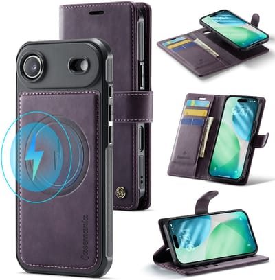 Casemania Hoesje Geschikt voor Apple iPhone 17 Air - Dark Purple - Geschikt voor MagSafe - Luxe Kunstleer 2 in 1 Afneembare Bookcase - Magnetische Telefoonhoesje met Pasjeshouder en Standaardfunctie