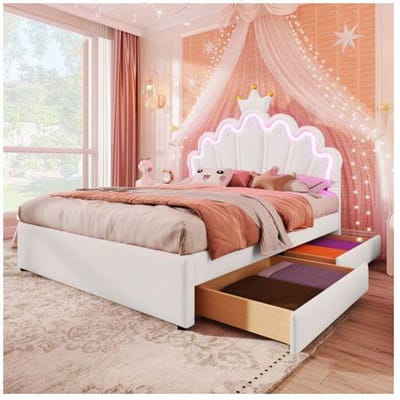 Bed - MUVOE - 140 x 200 cm - Gestoffeerd - 2 lades - Meerkleurige afstandsbediening wit