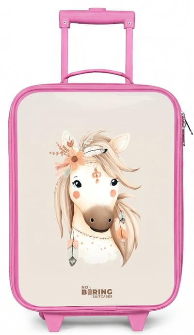 NoBoringSuitcases.com® - Kinderkoffer roze - Kindertrolley meisje - Bohemian paard in pastel kleuren - Koffer kind lichtgewicht - Reiskoffer trolley voor kinderen - Koffertje met lichtgevende wieltjes - Rolkoffer