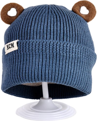 Decopatent XCM - Muts Kind - Kinder muts met Oren - Teddy Bear - 6 Maanden t/m 6 jaar - Maat 48/52 - Kindermutsen Jongens & Meisjes - Gebreide Muts met Binnenvoering - Muts Baby / Peuter / Kleuter - Wintermuts - Kleur: Blauw