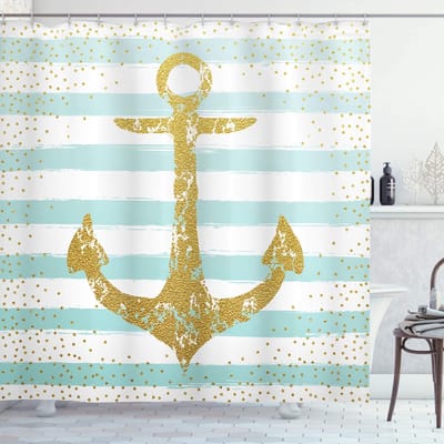 ABAKUHAUS Vintage Douchegordijn, Marine Golden Anchor, Stoffen Badkamerdecoratieset met Haken, 175 x 200 cm, Bleekblauw Wit
