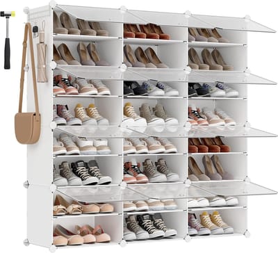 FurnStar - Schoenenrek met 12 vakken - Schoenenkast - 30 x 40 x 30 cm per vak - Smal - Met deuren - Stalen frame - Kunststof - Voor hal - Slaapkamer - Entree - Wit