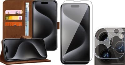 Hoesje geschikt voor iPhone 15 Pro - Screenprotector GlassGuard & Camera Lens Screen Protector - Book Case Kunstleer Pasjeshouder Bruin