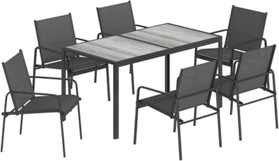 Tuinset - 7-delige Zitgroep - met 1 Tuintafel & 6 Ademende Stoelen - Tuinmeubelset voor 6 Personen - Tuintafelset - Tuin Eetset - Diningset - Zitset - voor Terras, Balkon, Tuin - Polyrattan - Zwart + Grijs