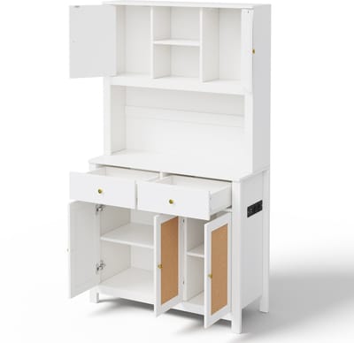 Hoge witte keukenkast - Opbergkast met LED-verlichting en stopcontact - 5 rotan deuren en 2 lades - Voor woonkamer en eetkamer - 100x40x180 cm