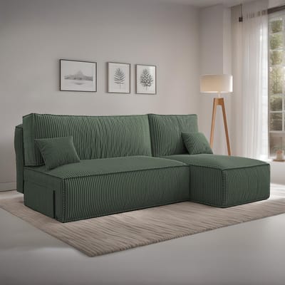 Hoekbank Jelle - Universeel - Ribstof - Groen - Slaapbank met opbergruimte - Lounge Links of Rechts - Direct Leverbaar - Hoekzetel - Chaise longue - Zetel met slaapgedeelte - 3 zits - Zitcomfort Medium