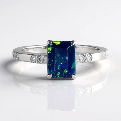 Cavill - Zilveren ring met achthoekige Mezezo opaal 0,844 ct - 925 Sterling Zilver platina gecoat - met 10 Cambodjaanse zirkonen - Elegante damesring