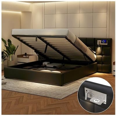 Merax Opbergbed 180 x 200 cm met groot hoofdbord - USB-poort & draadloos opladen & lichtlamp - Linnen stof - Zwart (zonder matras)