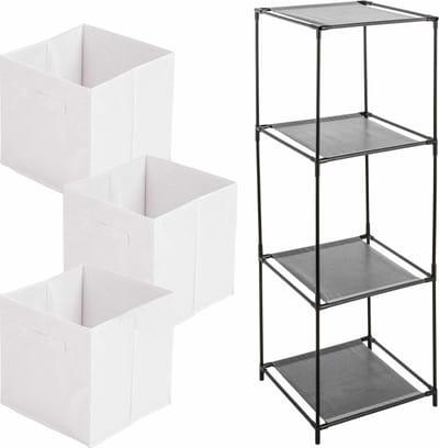 Kastmandjes/opberg manden - wit - 3x stuks van 29 Liter - In metalen rekje van 34 x 98 cm