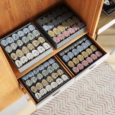 CLORD Opbergdozen, 4 stuks, 24 vakken, lade-organizer, opvouwbare kledingkast, kastorganizer voor het bewaren van ondergoed, sokken, stropdassen, riem (zwart)