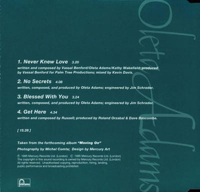 Oleta Adams ‎– Never Knew Love / No Secrets / Blessed With You / Get Here 4 Track Cd Maxi 1995