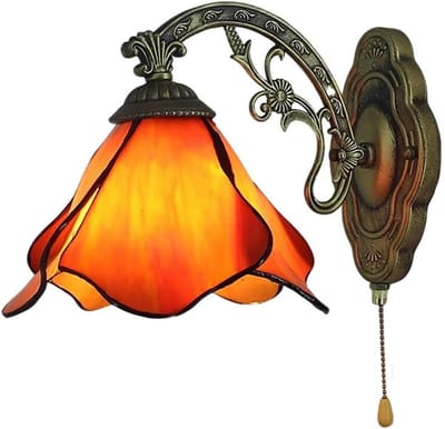 Wandlamp Glas-in-lood - Sconce Lamp Tiffany - Sfeer Verlichting - Trekketting Schakelaar - 8 inch - Oranje