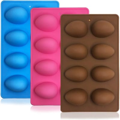 3 Stuks Siliconen Half Ei Bakvorm – 8 Holtes Bakmal voor Chocolade, Muffins, Cake en Gebak – Flexibele Siliconen Vorm voor IJsblokjes en Zeep – Herbruikbare Keukenvorm – Geschikt voor Oven en Vriezer – QTTVBTNA – Roze, Blauw en Bruin