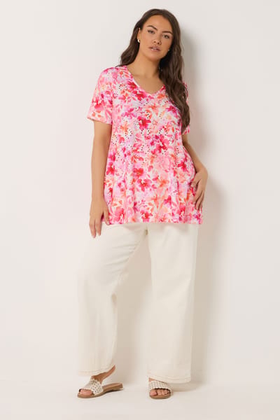 Yours Roze Top Met Bloemenprint En Broderie Anglaise Size 42