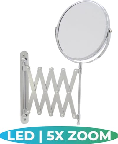 KZQ Make Up Spiegel Badkamer Spiegel met Wandbevestiging Uitschuifbaar Opvouwbaar Dubbelzijdig Vergrotende Schmink Spiegel 360 Graden Draaibaar Verchroomd 18,5cm vergroting van 5 x